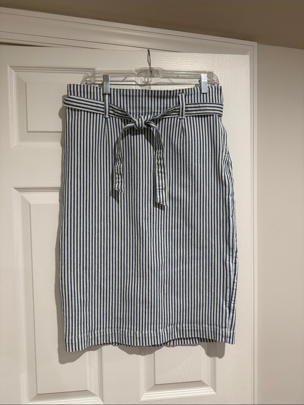 J. Crew Navy and White Striped Tie-Waist Pencil Skirt